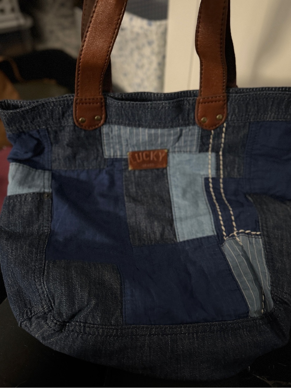 Lucky Brand Blue Patchwork Denim Tote with Brown Leather Handles